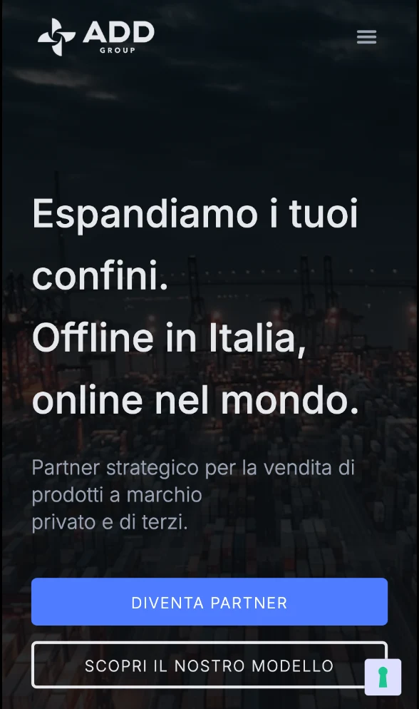 Homepage ADD Group su mobile, con presentazione e contatto per i partner