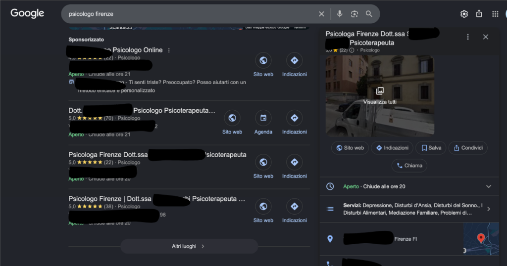 Screenshot della ricerca Google "psicologo Firenze"